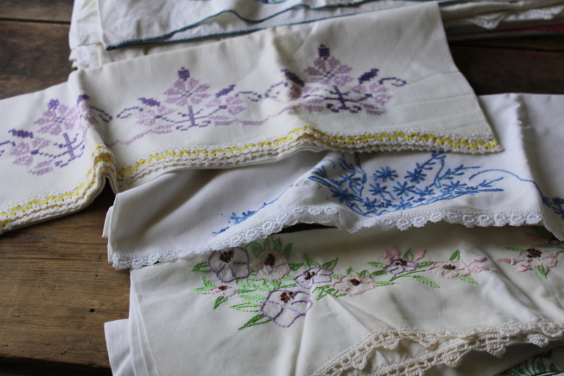 photo of lot vintage cotton pillowcases w/ embroidery or crochet lace edgings, shabby cottage chic linens  #18