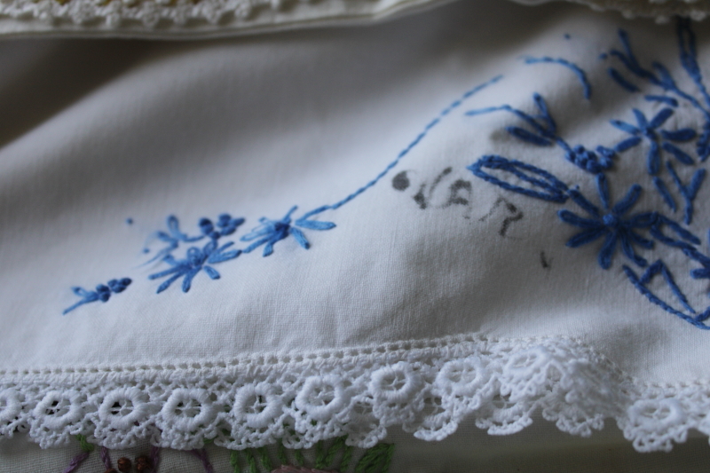 photo of lot vintage cotton pillowcases w/ embroidery or crochet lace edgings, shabby cottage chic linens  #19
