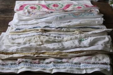 catalog photo of lot vintage cotton pillowcases w/ embroidery or crochet lace edgings, shabby cottage chic linens 