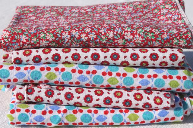 photo of lot vintage cotton print feed sack fabric, retro flower fruit prints red & aqua #1