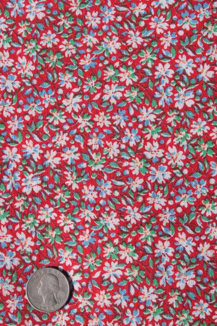 photo of lot vintage cotton print feed sack fabric, retro flower fruit prints red & aqua #3