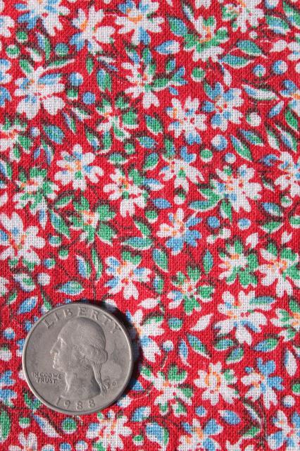 photo of lot vintage cotton print feed sack fabric, retro flower fruit prints red & aqua #4