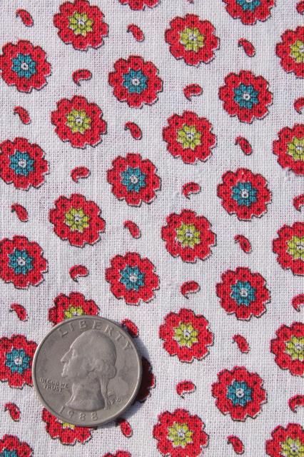 photo of lot vintage cotton print feed sack fabric, retro flower fruit prints red & aqua #7