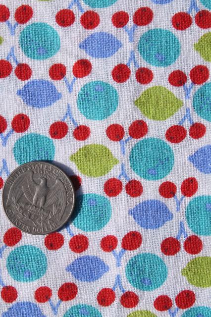 photo of lot vintage cotton print feed sack fabric, retro flower fruit prints red & aqua #10