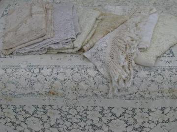 catalog photo of lot vintage cotton quaker lace type tablecloths, piano cover, lacy cutter fabric