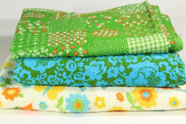 photo of lot vintage cotton terry fabric, terrycloth toweling w/ groovy retro prints #1