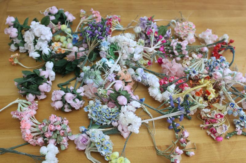 photo of lot vintage craft flowers, mini flower wire stems for spring or wedding decor, millinery, dolls #1