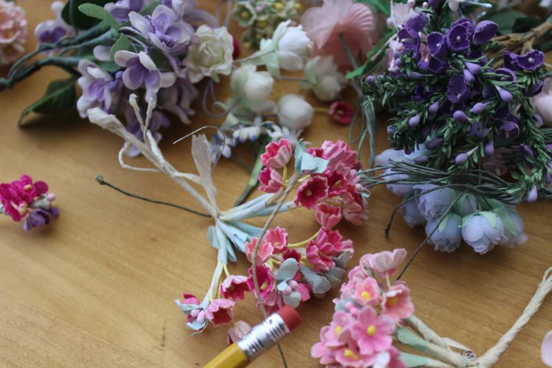 photo of lot vintage craft flowers, mini flower wire stems for spring or wedding decor, millinery, dolls #7