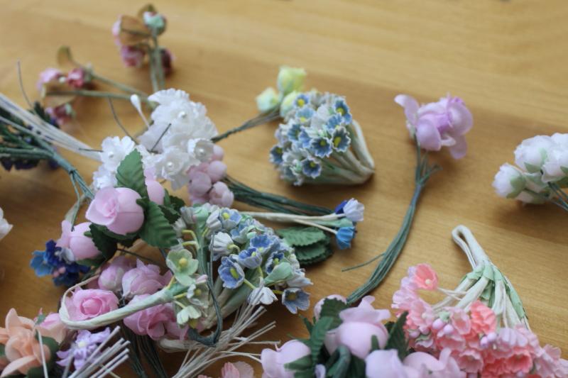 photo of lot vintage craft flowers, mini flower wire stems for spring or wedding decor, millinery, dolls #14