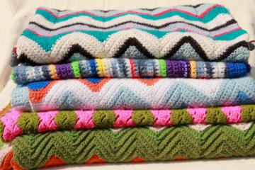 catalog photo of lot vintage crocheted afghans & small blankets, scrap yarn crochet in all colors!