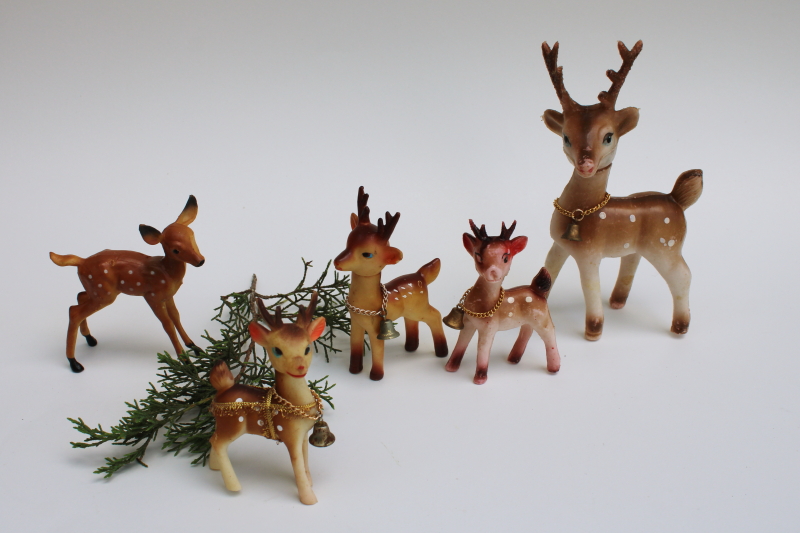 photo of lot vintage deer figurines woodland retro Christmas decorations, rubbery vinyl & hard plastic #1