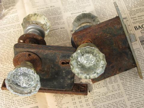 photo of lot vintage door hardware, locks & antique glass doorknobs, mercury star #6