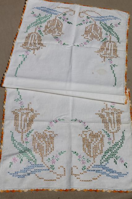 photo of lot vintage embroidered linens, table runners & dresser scarves w/ embroidery & crochet lace #13