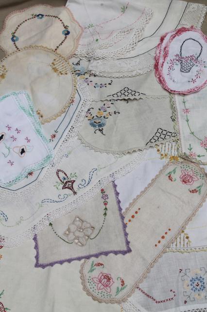 photo of lot vintage embroidered linens, table runners & dresser scarves w/ embroidery & crochet lace #1