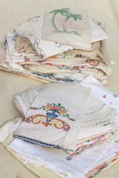 catalog photo of lot vintage embroidered linens, towels, runners & dresser scarves w/ embroidery & crochet lace