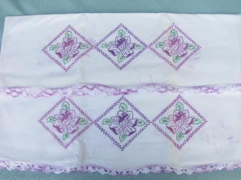 photo of lot vintage embroidered pillowcases w/crocheted lace, flowers & bows #3