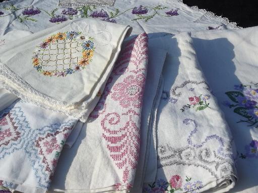 photo of lot vintage embroidered tablecloths, cotton and linen w/ hand embroidery #1