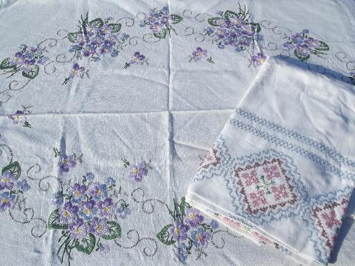 photo of lot vintage embroidered tablecloths, cotton and linen w/ hand embroidery #2