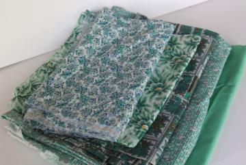 lot vintage fabric for quilting or small projects, teal & jade green solid color & prints