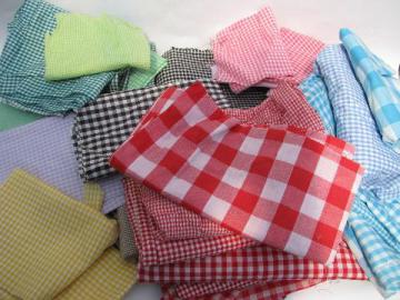 catalog photo of lot vintage fabric scraps pieces, gingham checks in all colors