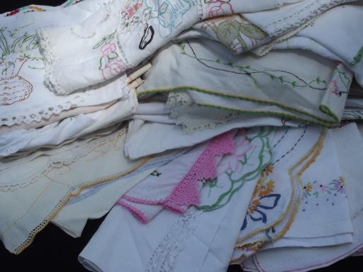 photo of lot vintage fancywork linens, old embroidery and crochet lace, cutter fabric #1