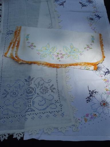 photo of lot vintage fancywork linens, old embroidery and crochet lace, cutter fabric #5