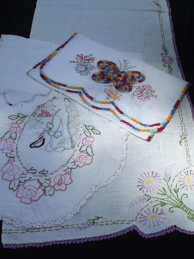 photo of lot vintage fancywork linens, old embroidery and crochet lace, cutter fabric #6