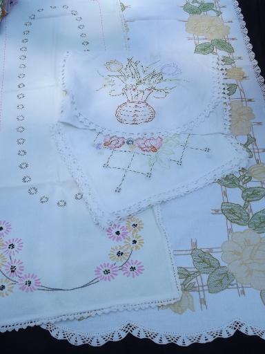 photo of lot vintage fancywork linens, old embroidery and crochet lace, cutter fabric #7