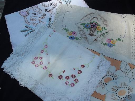 photo of lot vintage fancywork linens, old embroidery and crochet lace, cutter fabric #9