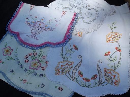 photo of lot vintage fancywork linens, old embroidery and crochet lace, cutter fabric #10