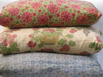 catalog photo of lot vintage feather bed pillows w/ old flowered cotton fabric covers