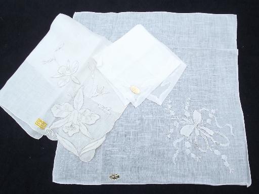photo of lot vintage fine cotton and linen whitework handkerchiefs, Swiss, Madeira hankies etc. #2