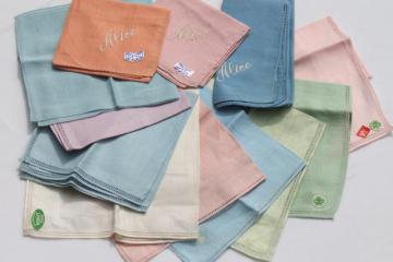 catalog photo of lot vintage fine linen handkerchiefs, pastel colored hankies w/ hemstitching