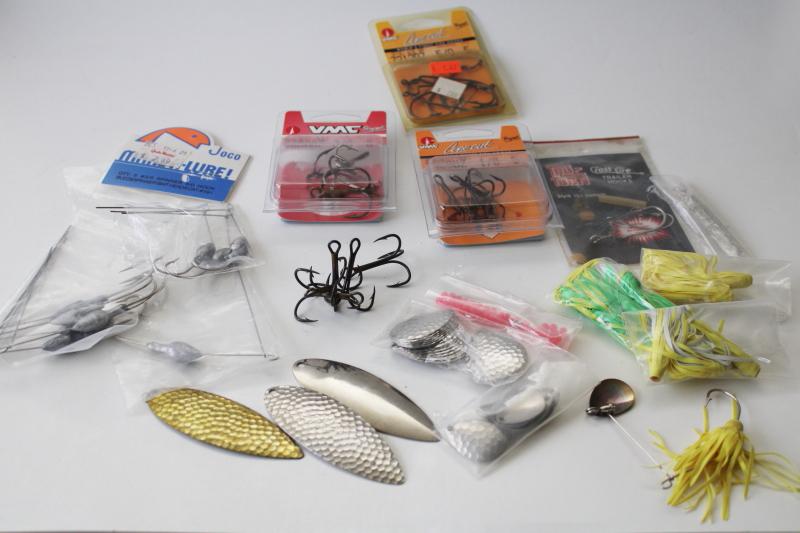 photo of lot vintage fishing tackle in pkgs, large fish hooks, lures, spinners etc. #1