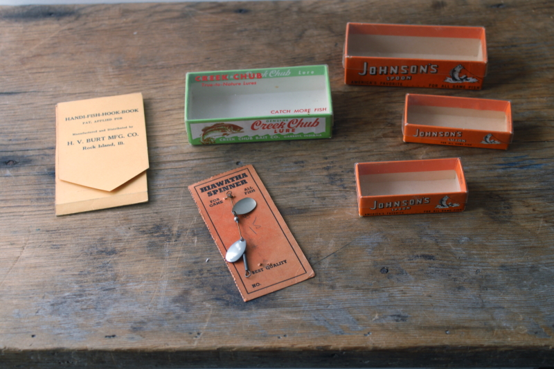 photo of lot vintage fishing tackle packages & lure boxes advertising Creek Chub, Johnson's, Hiawatha  #1