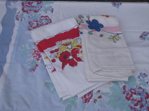 photo of lot vintage floral print cotton kitchen tablecloths, bright flowers #1