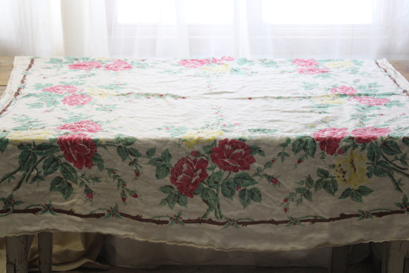 photo of lot vintage floral print tablecloths, soft washed flax linen fabric w/ flowery cottage style #5