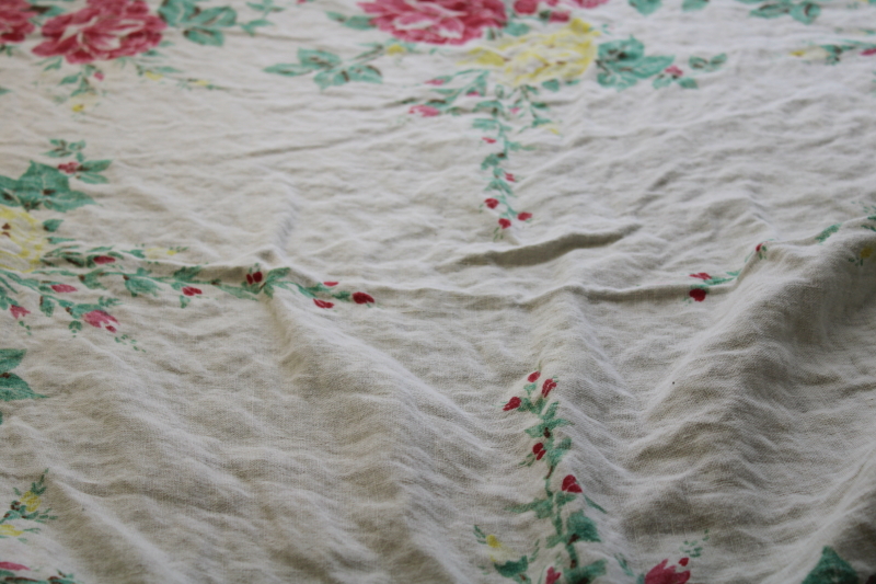 photo of lot vintage floral print tablecloths, soft washed flax linen fabric w/ flowery cottage style #7