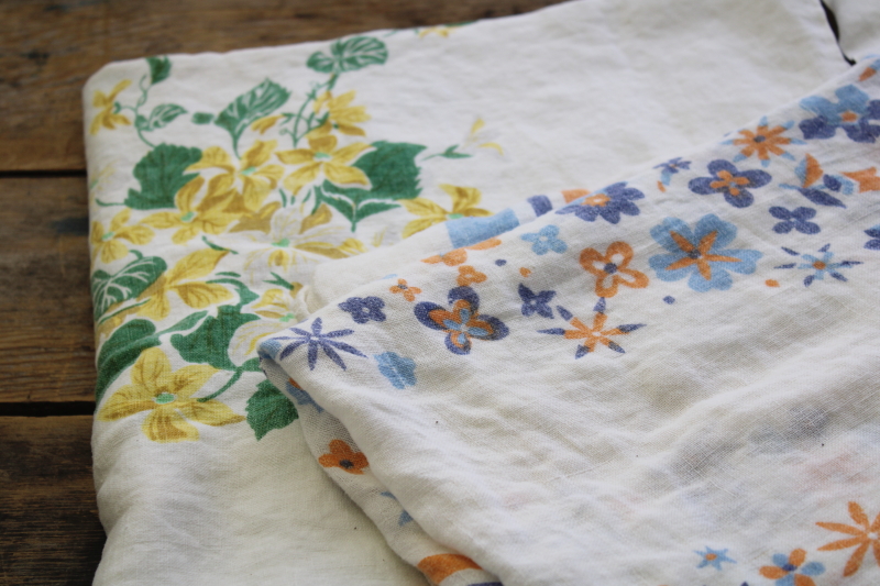 photo of lot vintage floral print tablecloths, soft washed flax linen fabric w/ flowery cottage style #12