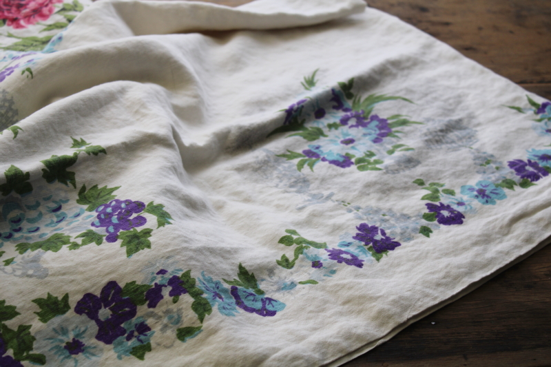 photo of lot vintage floral print tablecloths, soft washed flax linen fabric w/ flowery cottage style #20