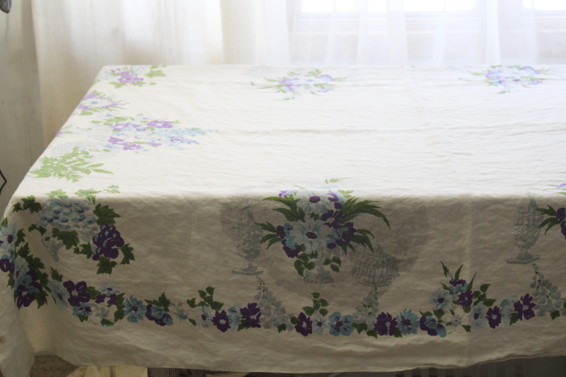 photo of lot vintage floral print tablecloths, soft washed flax linen fabric w/ flowery cottage style #22