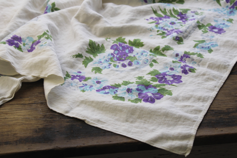 photo of lot vintage floral print tablecloths, soft washed flax linen fabric w/ flowery cottage style #23