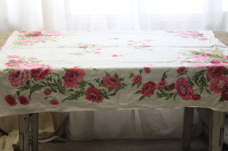 photo of lot vintage floral print tablecloths, soft washed flax linen fabric w/ flowery cottage style #24