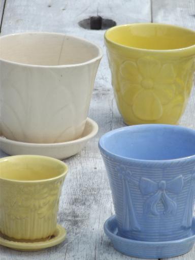 photo of lot vintage flower pots in blue, yellow, off-white, McCoy pottery etc. #1