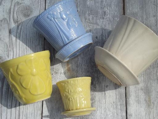 photo of lot vintage flower pots in blue, yellow, off-white, McCoy pottery etc. #6