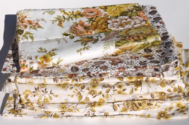 photo of lot vintage flowery chintz fabric, mustard gold floral prints glazed polished cotton #1