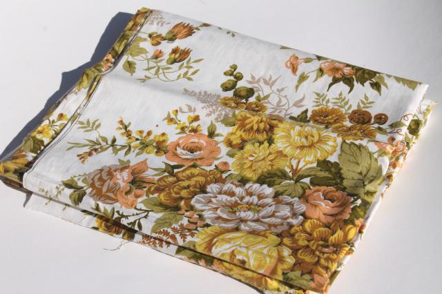 photo of lot vintage flowery chintz fabric, mustard gold floral prints glazed polished cotton #3