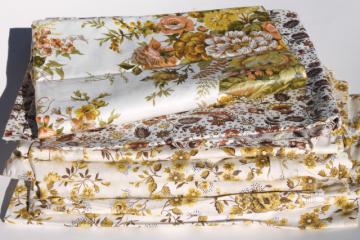 catalog photo of lot vintage flowery chintz fabric, mustard gold floral prints glazed polished cotton