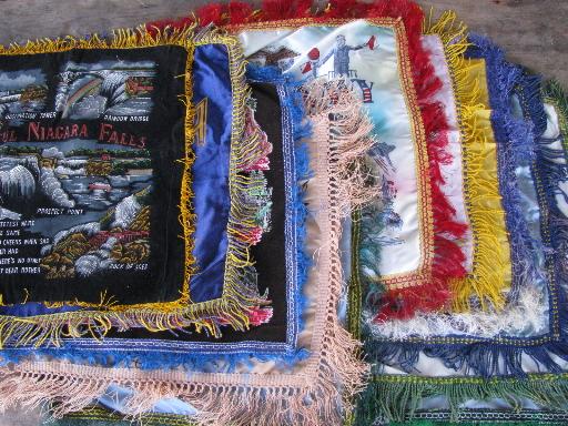 photo of lot vintage fringed satin souvenir pillow covers, WWII Army, Navy, Air Force #1