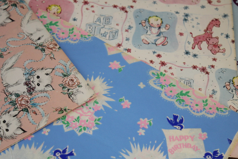 photo of lot vintage gift wrapping paper w/ original box plus lots more, cute prints baby animals, kids #12